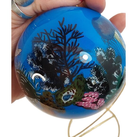 Inside Painted Glass Ornament-Blue "Aruba" with Sharks and Jellyfish - Picture 7 of 13